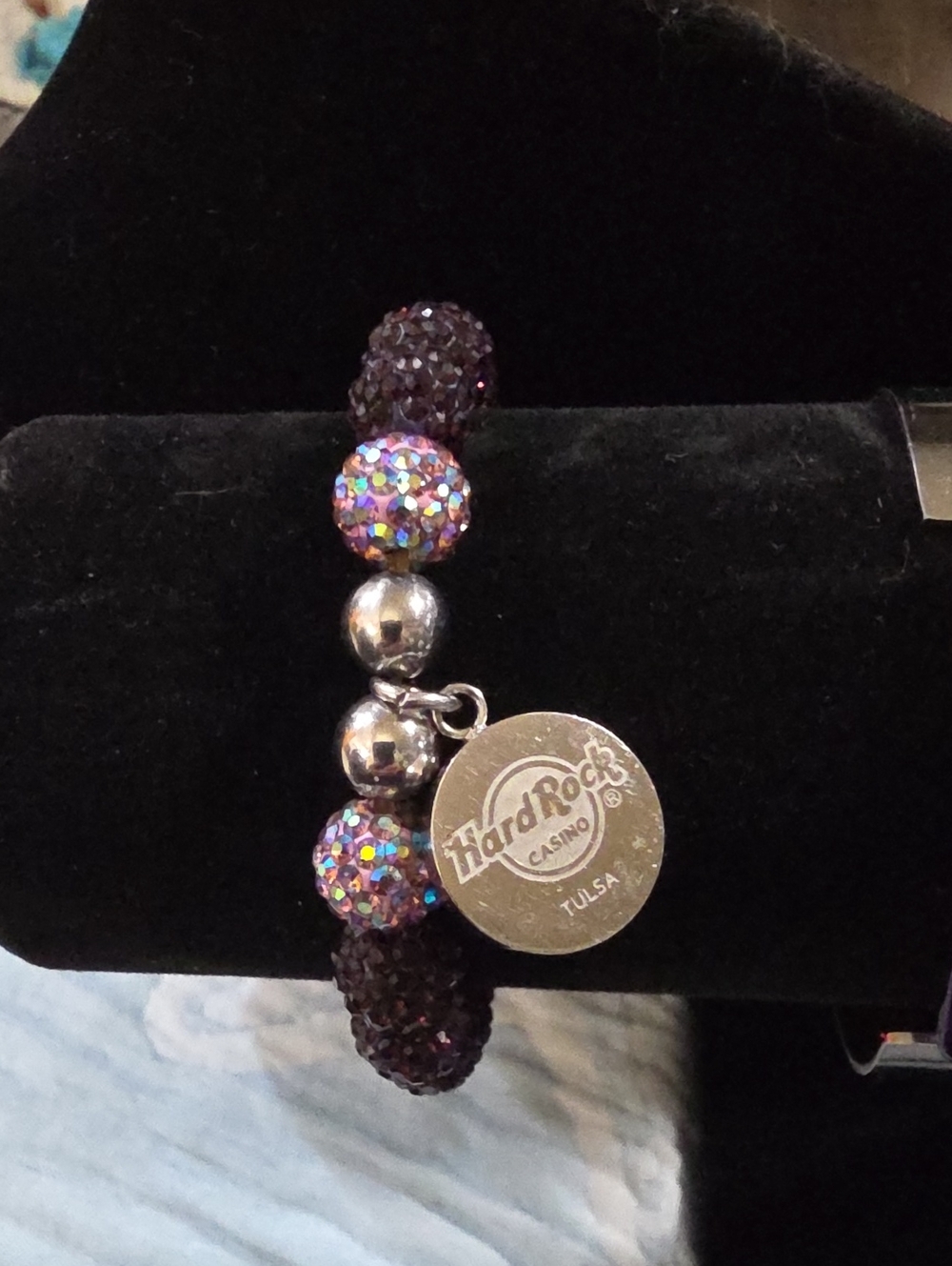 Hard Rock Cafe Tulsa Purple and Iridescent Beaded Charm Bracelet